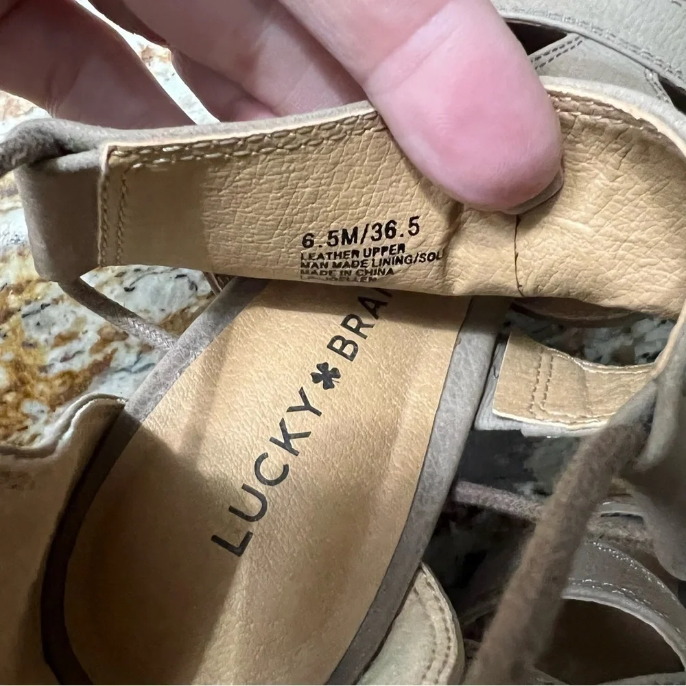 LUCKY BRAND Joellen Wedges in Camel Suede Size 6.5 -- fits like a 7